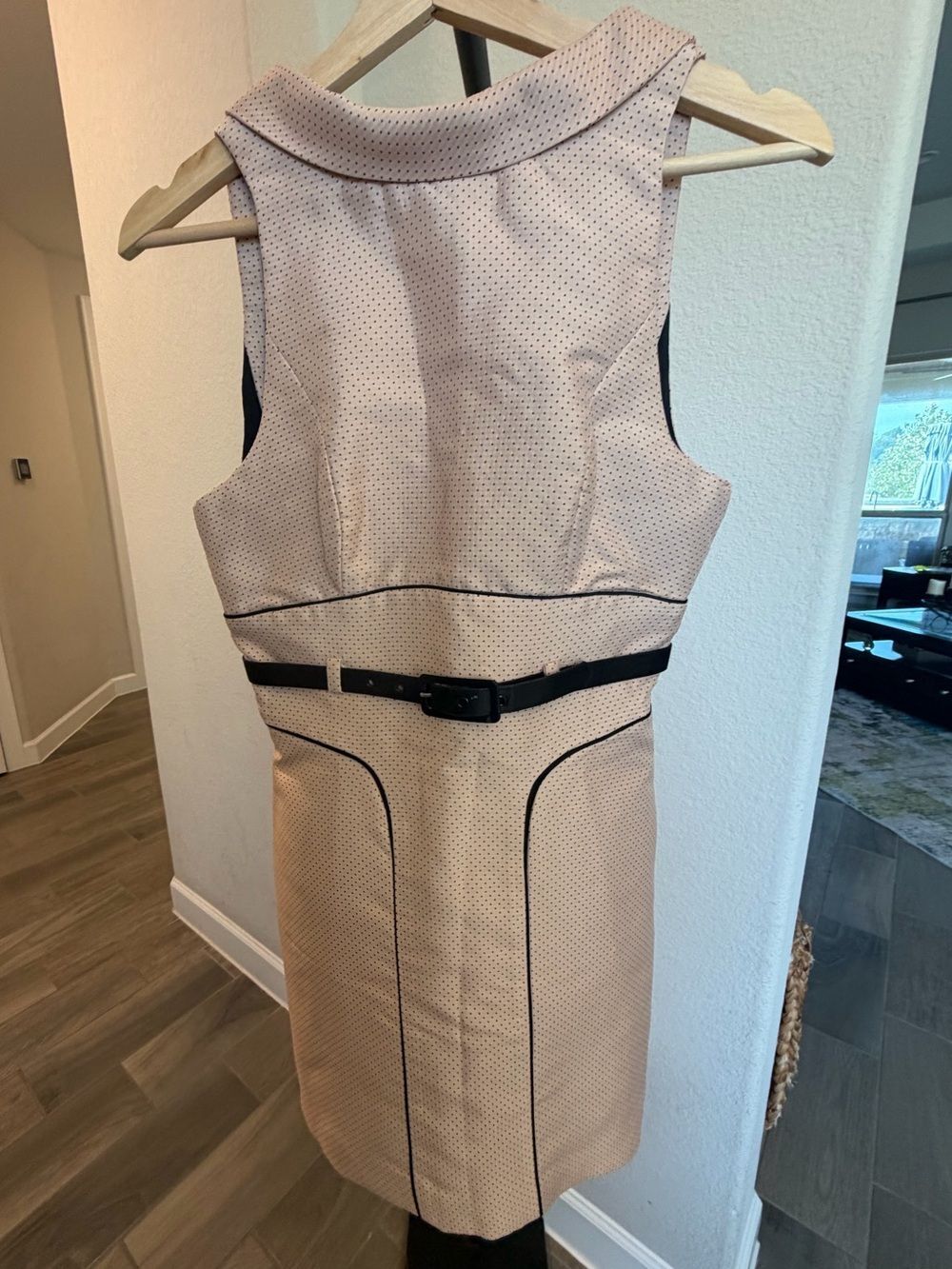 Bebe Blush Pink Black Micro Dot Belted Sheath Dress XS Y2K